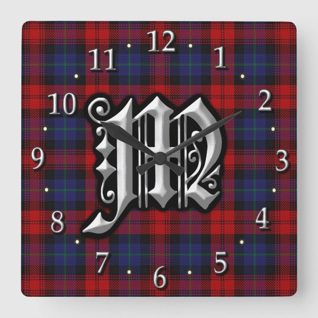 Clan MacLachlan Letter M Monogram Red Blue Tartan Square Wall Clock (Front)