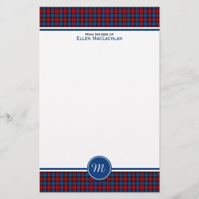 Clan MacLachlan Tartan Red and Blue Plaid Monogram Stationery (Front)
