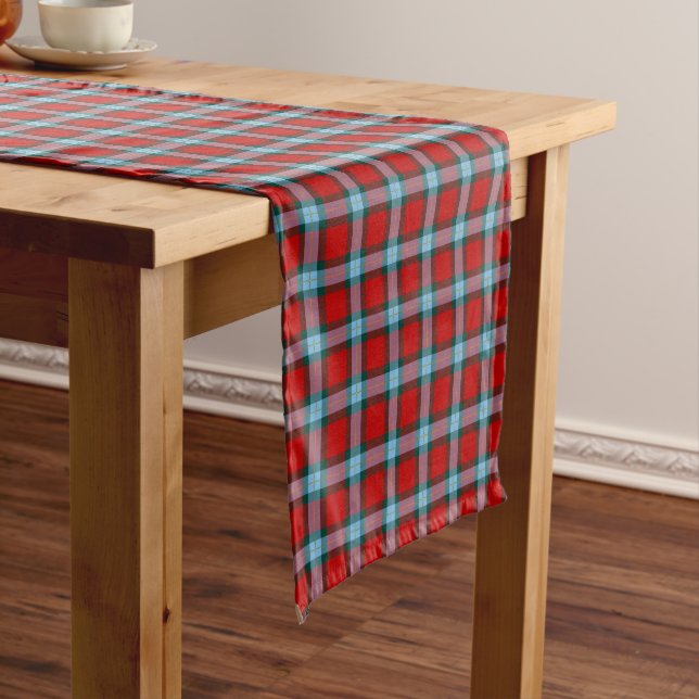 Clan MacLaine Bright Red and Sky Blue Tartan Short Table Runner (In Situ)