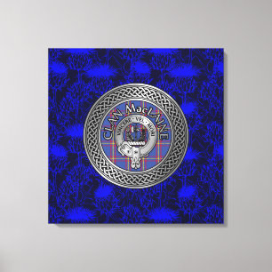 Clan MacLaine Crest & Tartan Knot on Thistle Canvas Print