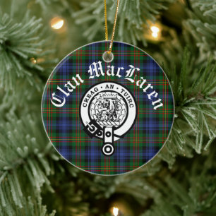 Clan MacLaren Crest Badge & Tartan Customisable Ceramic Tree Decoration