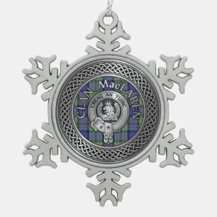 Clan MacLaren Crest & Tartan Knot Snowflake Pewter Christmas Ornament