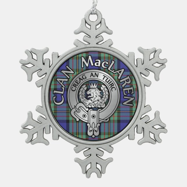 Clan MacLaren Crest & Tartan Snowflake Pewter Christmas Ornament (Front)