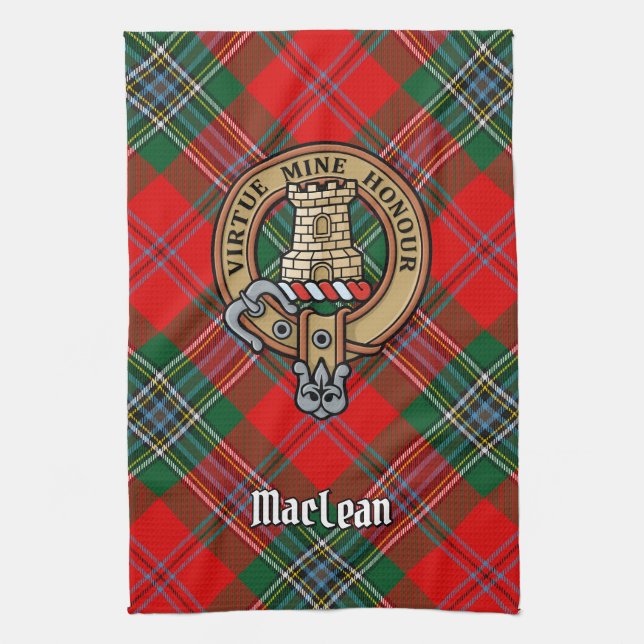 Clan MacLean Crest over Tartan Tea Towel (Vertical)