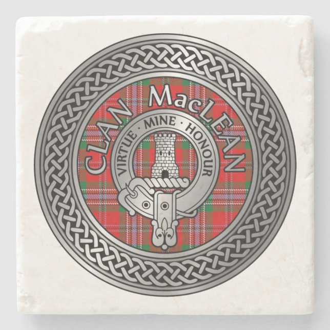 Clan MacLean Crest & Tartan Knot Stone Coaster (Front)