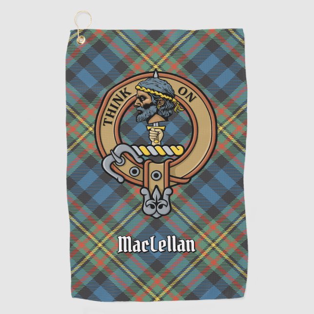 Clan MacLellan Crest over Ancient Tartan Golf Towel (Front)