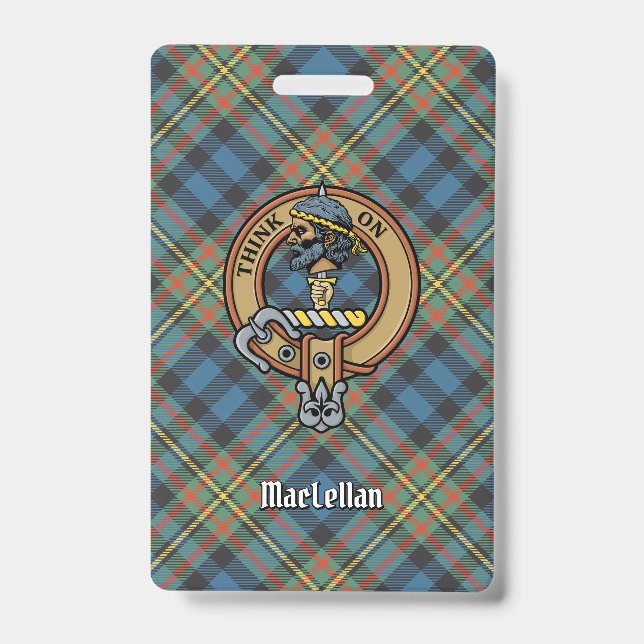Clan MacLellan Crest over Ancient Tartan ID Badge (Front)