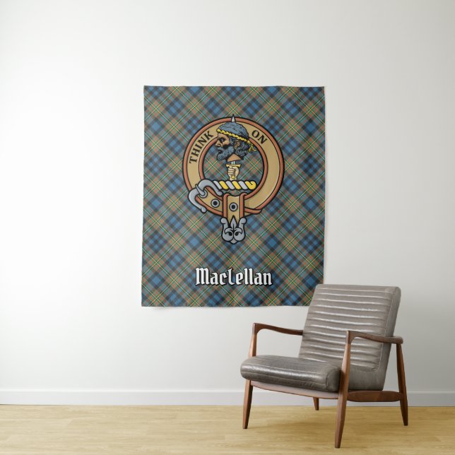 Clan MacLellan Crest over Ancient Tartan Tapestry (In Situ)