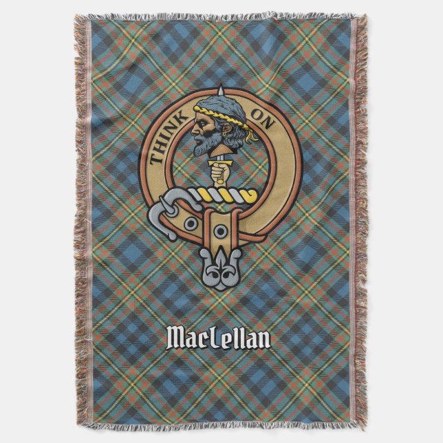 Clan MacLellan Crest over Ancient Tartan Throw Blanket (Front Vertical)