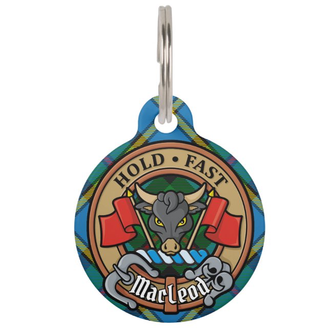 Clan MacLeod Crest over Hunting Tartan Pet Tag (Front)