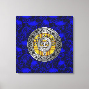 Clan MacLeod Crest & Tartan Knot on Thistle Canvas Print