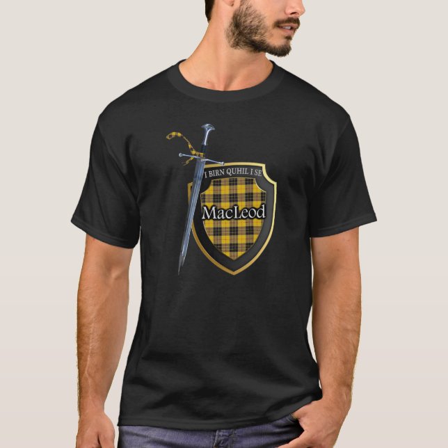 Clan MacLeod Tartan Scottish Shield & Sword T-Shirt (Front)