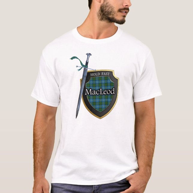 Clan MacLeod Tartan Scottish Shield & Sword T-Shirt (Front)