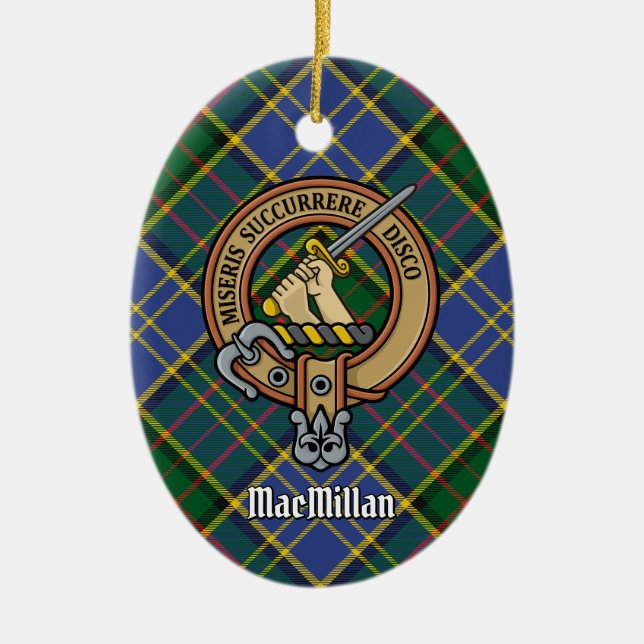 Clan MacMillan Crest over Hunting Tartan Ceramic Tree Decoration (Front)