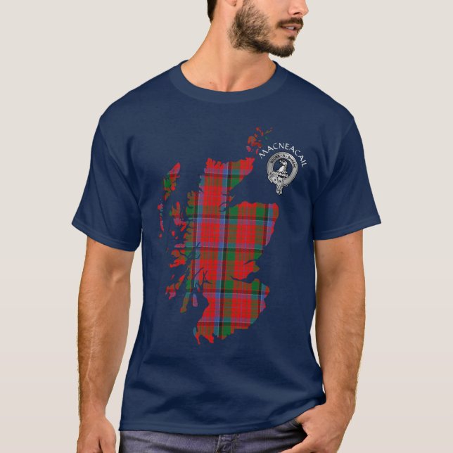 Clan MacNeacail (MacNichol) Tartan Map & Crest T-Shirt (Front)