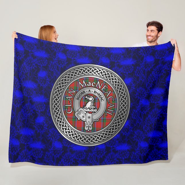 Clan MacNeacail | MacNicol Crest & Tartan Knot Fleece Blanket (In Situ)
