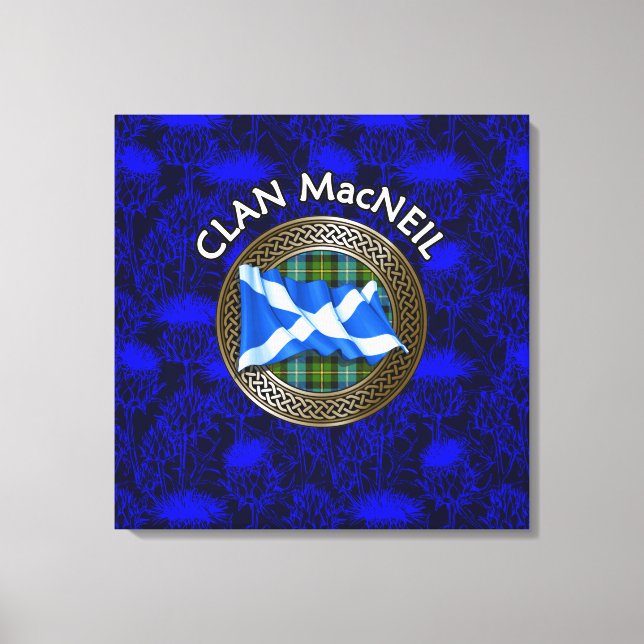 Clan MacNeil Crest & Tartan Knot on Thistle Canvas Print (Front)