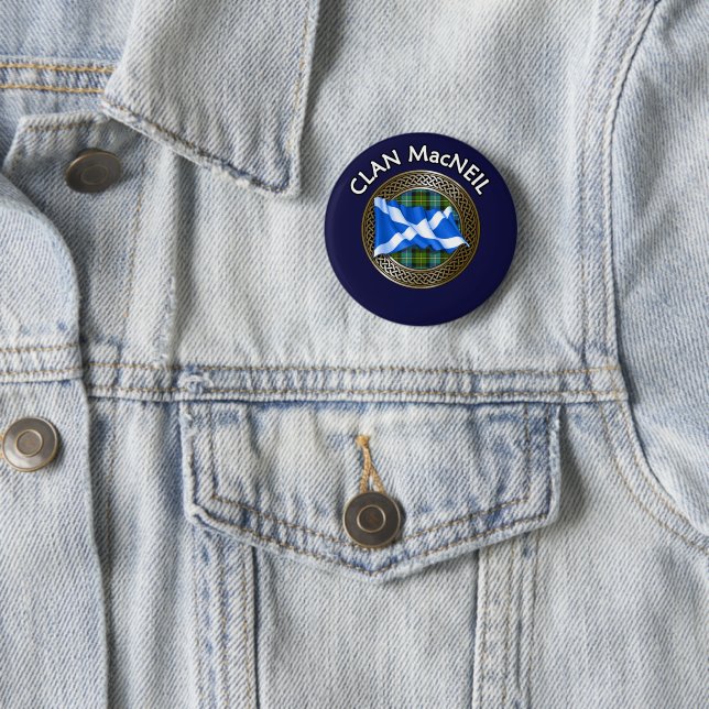 Clan MacNeil Tartan Knot & Flag 6 Cm Round Badge (In Situ)