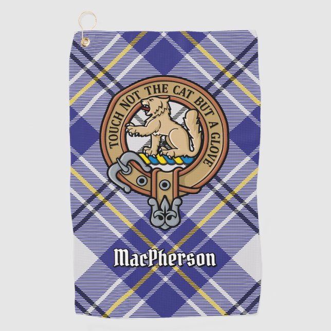Clan MacPherson Crest over Blue Dress Tartan Golf Towel (Front)