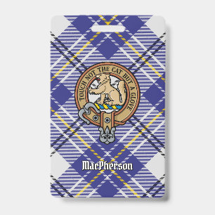 Clan MacPherson Crest over Blue Dress Tartan ID Badge