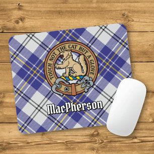 Clan MacPherson Crest over Blue Dress Tartan Mouse Mat