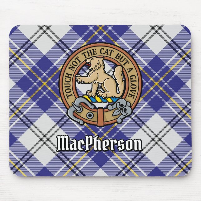 Clan MacPherson Crest over Blue Dress Tartan Mouse Mat (Front)