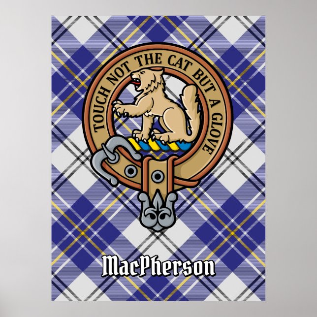 Clan MacPherson Crest over Blue Dress Tartan Poster (Front)