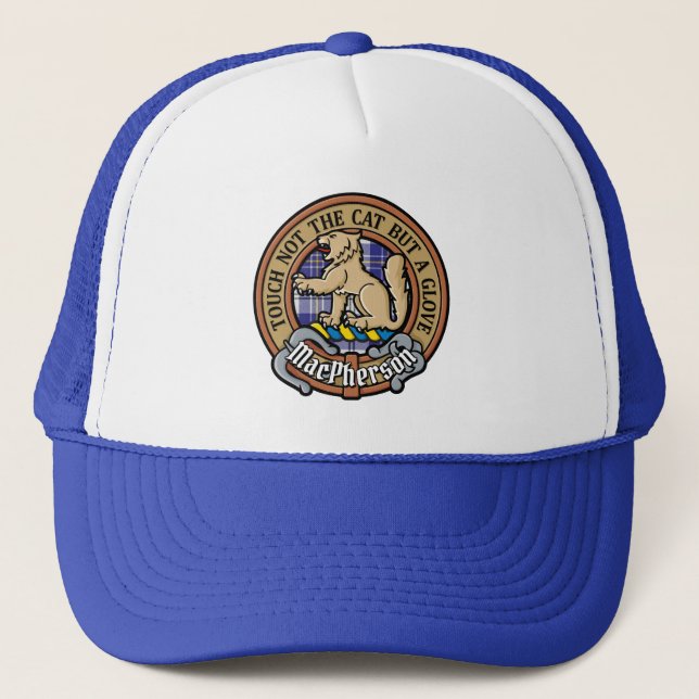 Clan MacPherson Crest over Blue Dress Tartan Trucker Hat (Front)