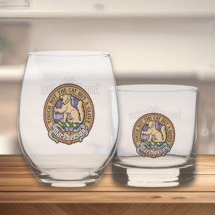 Clan MacPherson Crest over Blue Dress Tartan Whiskey Glass
