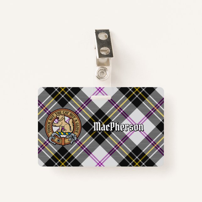 Clan MacPherson Crest over Dress Tartan ID Badge (Front with Clip)