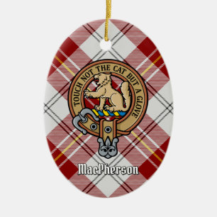 Clan MacPherson Crest over Red Dress Tartan Ceramic Tree Decoration