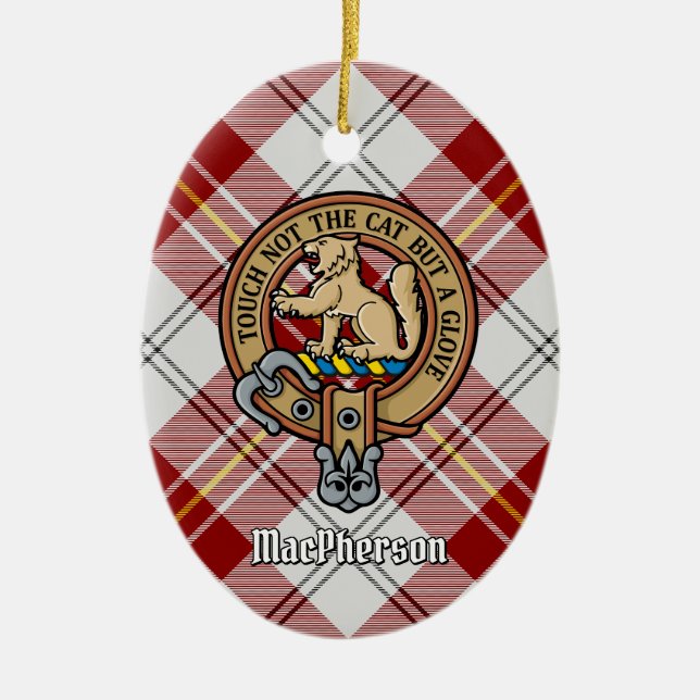 Clan MacPherson Crest over Red Dress Tartan Ceramic Tree Decoration (Front)