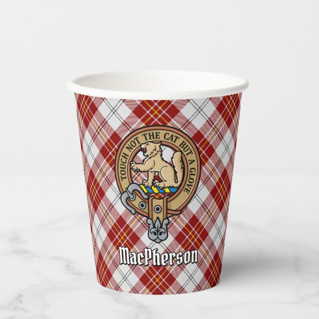 Clan MacPherson Crest over Red Dress Tartan Paper Cups (Front)