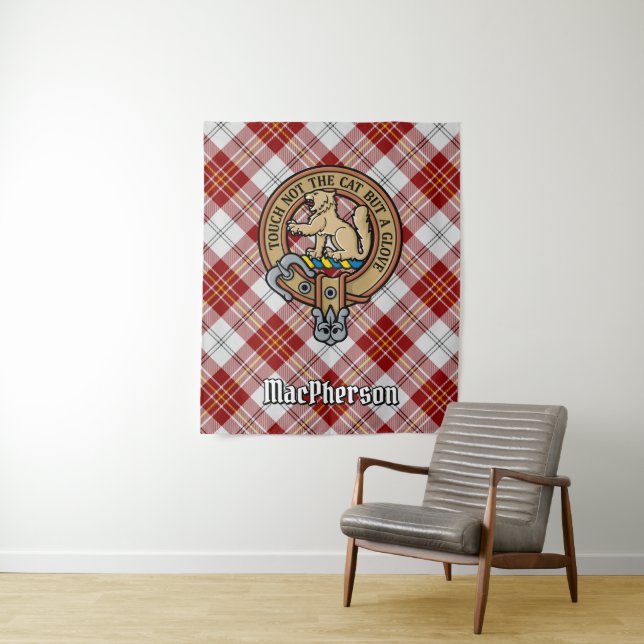 Clan MacPherson Crest over Red Dress Tartan Tapestry (In Situ)