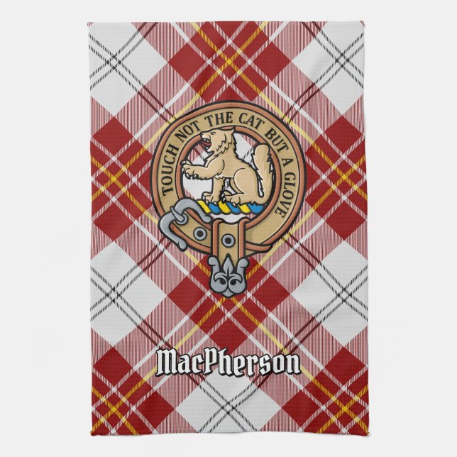 Clan MacPherson Crest over Red Dress Tartan Tea Towel (Vertical)