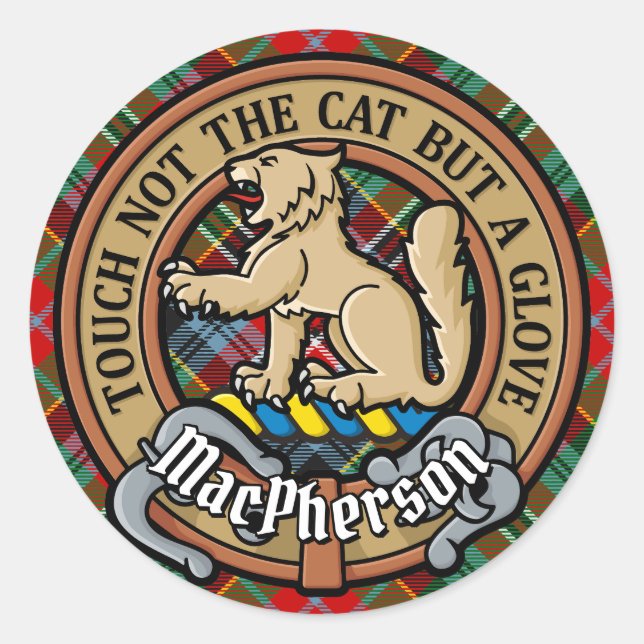 Clan MacPherson Crest over Tartan Classic Round Sticker (Front)