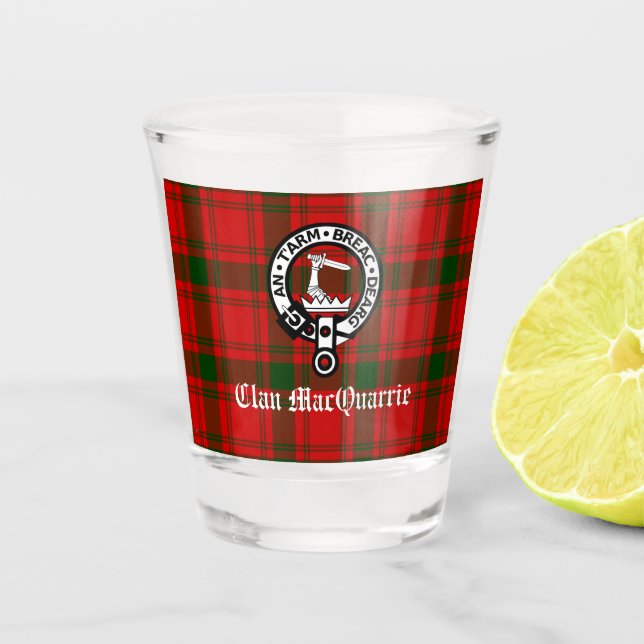 Clan MacQuarrie Tartan and Crest   Shot Glass (Front)