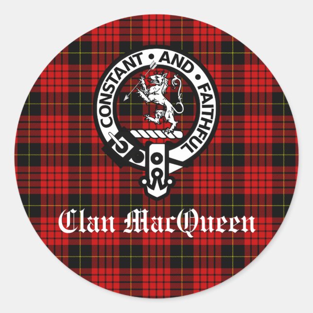 Clan MacQueen Crest Badge & Tartan Classic Round Sticker (Front)