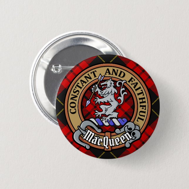 Clan MacQueen Crest over Tartan 6 Cm Round Badge (Front & Back)