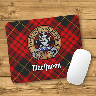Clan MacQueen Crest over Tartan Mouse Mat