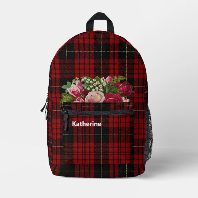 Clan MacQueen Plaid with Roses Personalised Printed Backpack (Front)