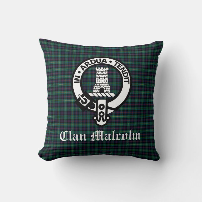 Clan Malcolm Crest Badge and Tartan Cushion (Front)