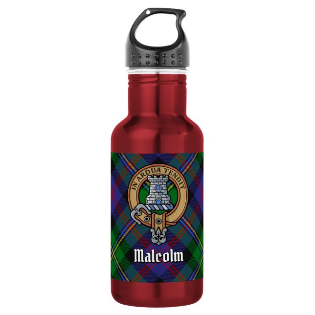 Clan Malcolm Crest over Tartan 532 Ml Water Bottle (Front)