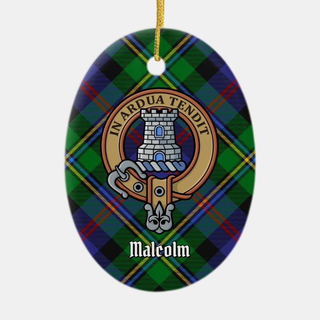 Clan Malcolm Crest over Tartan Ceramic Tree Decoration (Front)