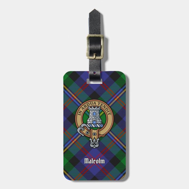Clan Malcolm Crest over Tartan Luggage Tag (Front Vertical)