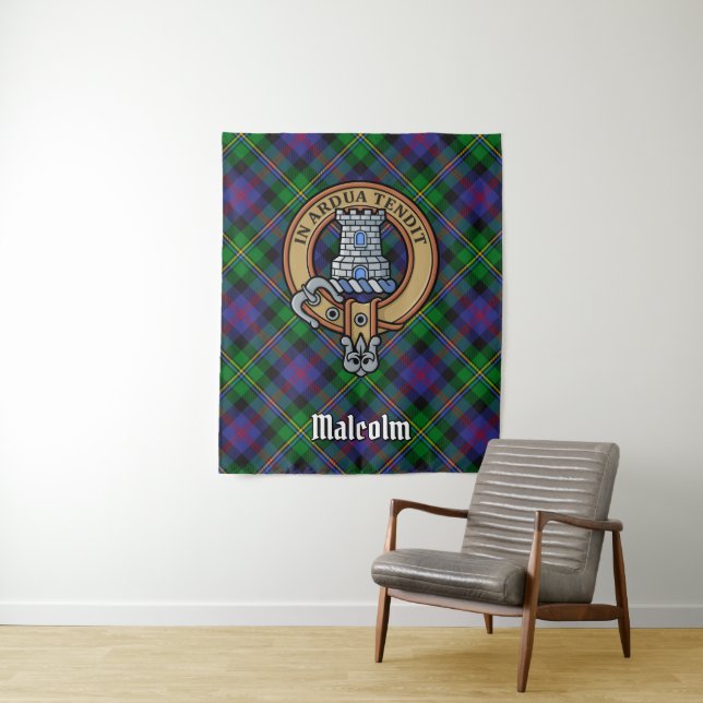 Clan Malcolm Crest over Tartan Tapestry (In Situ)