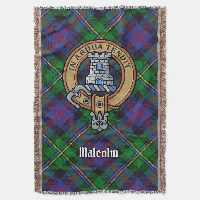 Clan Malcolm Crest over Tartan Throw Blanket (Front Vertical)
