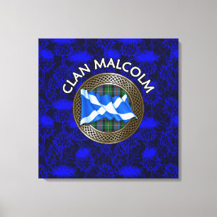 Clan Malcolm Crest & Tartan Knot on Thistle Canvas Print