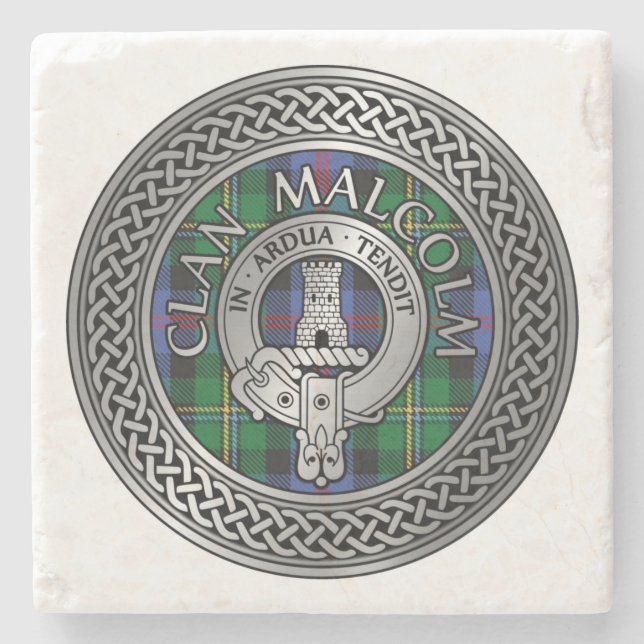 Clan Malcolm Crest & Tartan Knot Stone Coaster (Front)