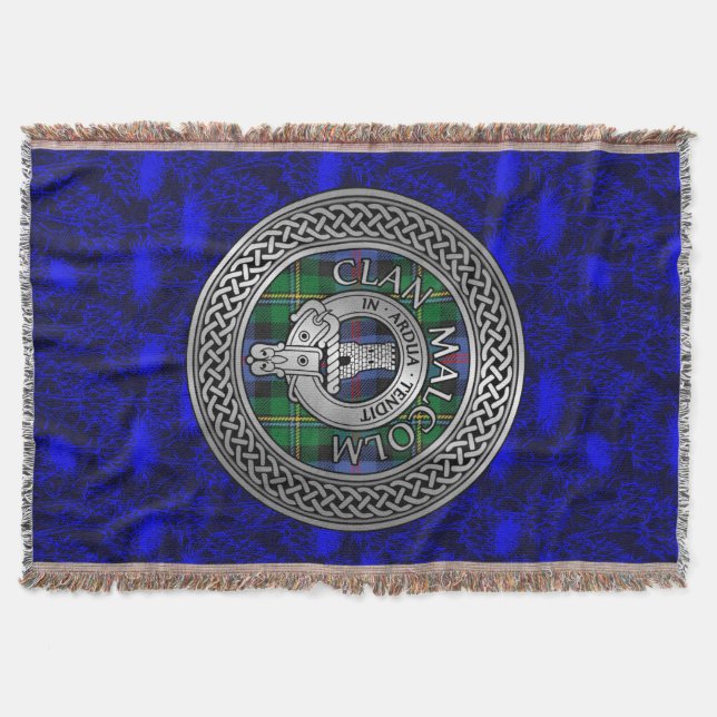 Clan Malcolm Crest & Tartan Knot Throw Blanket (Front)